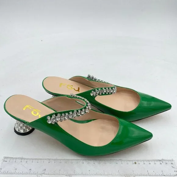 FSJ Emerald Rhinestone Cone Low Heel Mule Pointed Toe One Strap Slip On Sandals - Picture 4 of 8